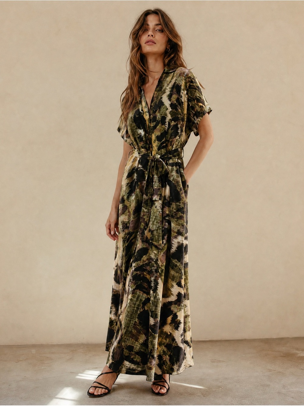 Olive Green Printed Tie-Waist Maxi Dress